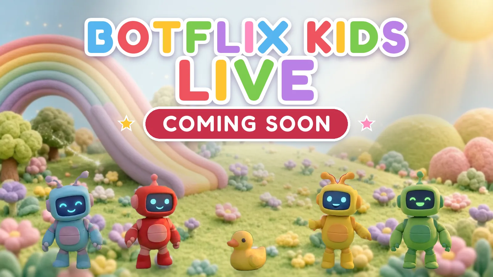Botflix Kids Live is coming soon! BeepBlue, Red, Yellow, Green and Quacky the duck wait in the sunny meadow.